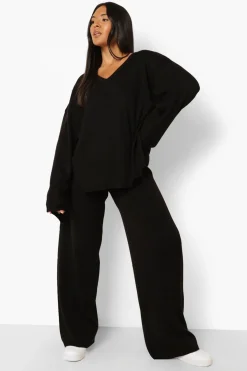 boohoo Plus Ensemble Pantalon Fendu sur le Côté en Maille à Col en V<Femme Ensembles