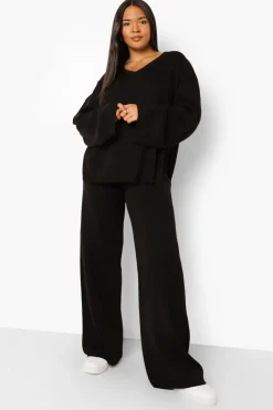 boohoo Plus Ensemble Pantalon Fendu sur le Côté en Maille à Col en V<Femme Ensembles