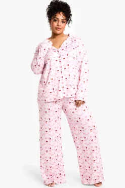 boohoo Plus Ensemble Pyjama Grande Taille à Imprimé Cerise, Manches Longues & Pantalon<Femme Pyjamas