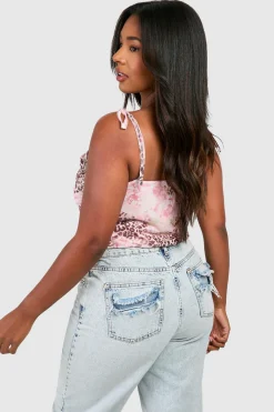 boohoo Plus Faded Leopard Mesh Tie Shoulder Corset Top<Femme Imprimé Léopard|Tops