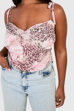 boohoo Plus Faded Leopard Mesh Tie Shoulder Corset Top<Femme Imprimé Léopard|Tops