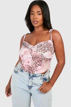 boohoo Plus Faded Leopard Mesh Tie Shoulder Corset Top<Femme Imprimé Léopard|Tops