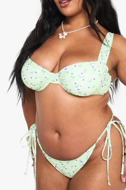 Plus Floral Culotte de Bikini Taille Haute à Nouer sur le Côté