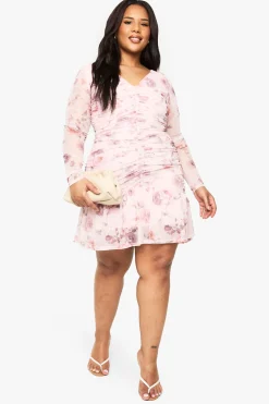 Plus Floral Mesh Ruched Frill Hem Mini Dress