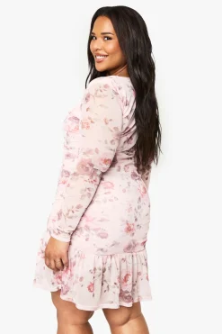 Plus Floral Mesh Ruched Frill Hem Mini Dress
