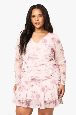 Plus Floral Mesh Ruched Frill Hem Mini Dress