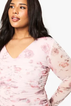 Plus Floral Mesh Ruched Frill Hem Mini Dress