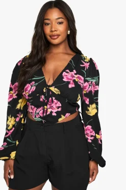 Plus Floral Puff Sleeve Longline Corset Top