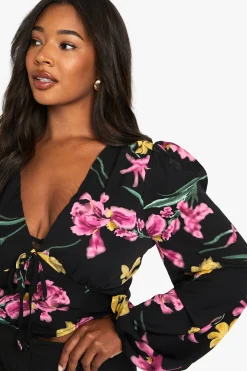 Plus Floral Puff Sleeve Longline Corset Top