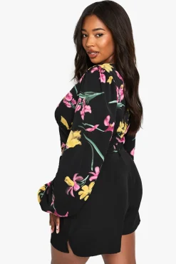 Plus Floral Puff Sleeve Longline Corset Top