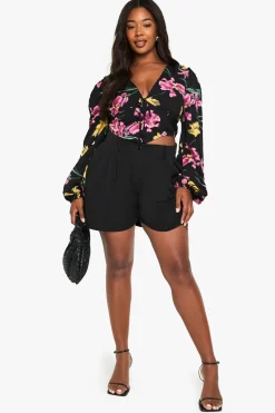 Plus Floral Puff Sleeve Longline Corset Top