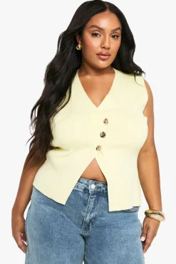 PLUS GILET ASYMÉTRIQUE À BOUTONS DORÉS POUR TAILLE PLUS