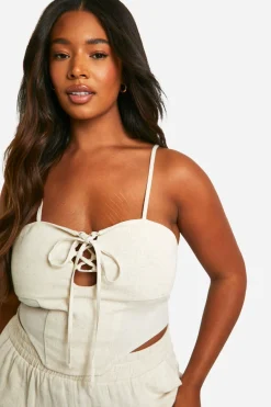 boohoo Plus Haut Corset à Lacets en Imitation Lin<Femme Satin Et Dentelle|Tops