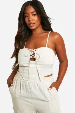 boohoo Plus Haut Corset à Lacets en Imitation Lin<Femme Satin Et Dentelle|Tops