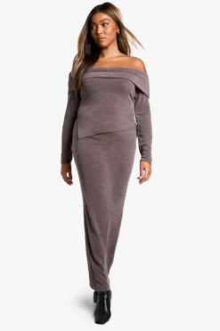 boohoo Plus Haut décolleté décalé à côtes bicolores Plus & Jupe Maxi Coordonnée<Femme Looks Chocolat|Ensembles