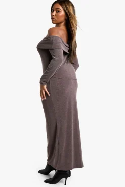 boohoo Plus Haut décolleté décalé à côtes bicolores Plus & Jupe Maxi Coordonnée<Femme Looks Chocolat|Ensembles