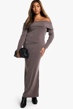 boohoo Plus Haut décolleté décalé à côtes bicolores Plus & Jupe Maxi Coordonnée<Femme Looks Chocolat|Ensembles