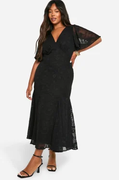 Plus Jacquard Floral Angel Sleeve Midaxi Dress