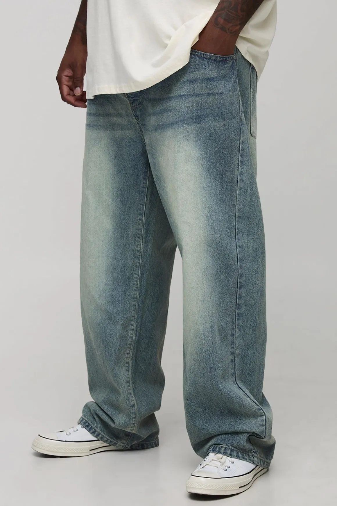 Plus Jeans à Jambe Droite Extrême Délavés Tissés à Onglet