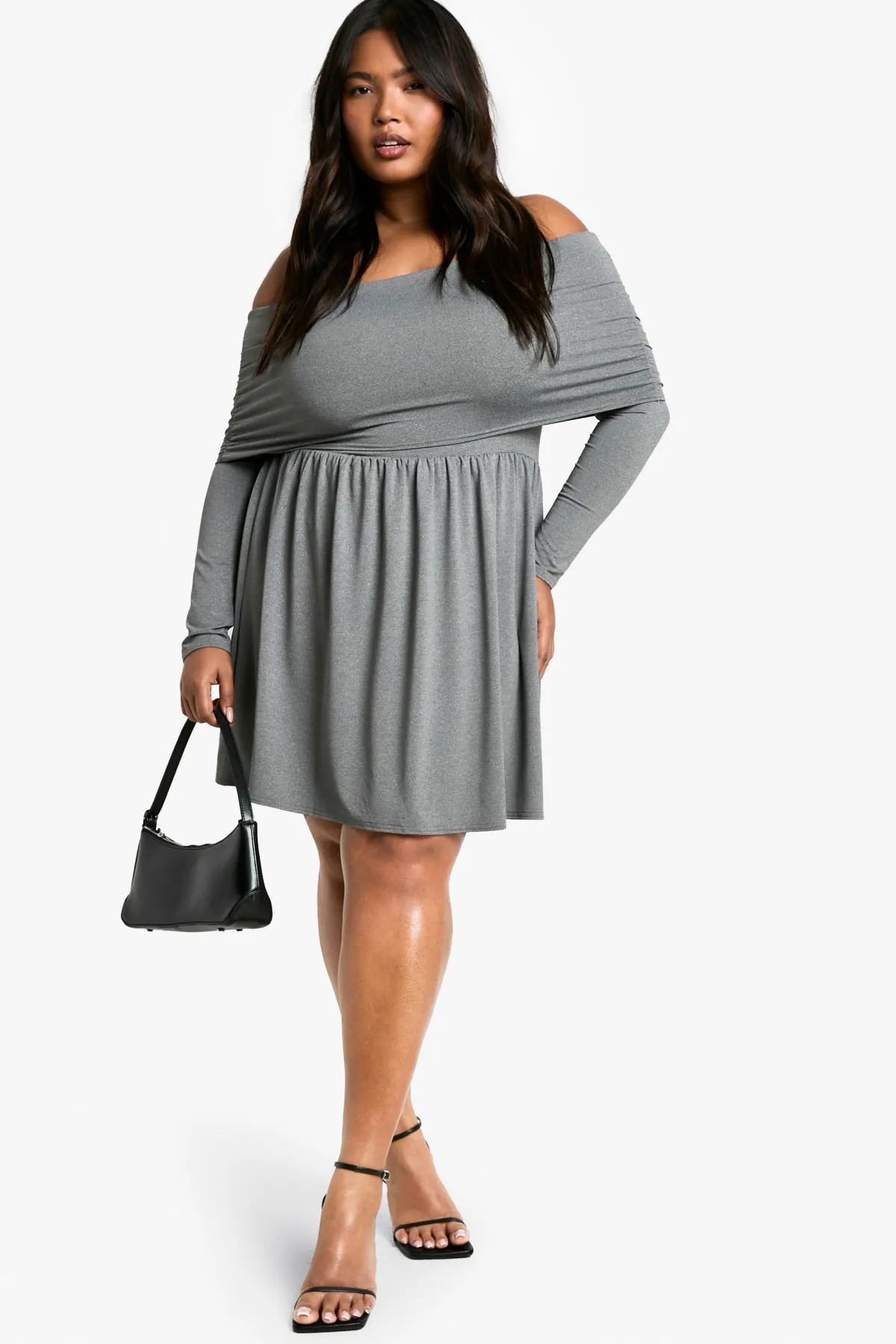boohoo Plus Jersey Robe Skater Grande Taille à Épaules Dénudées<Femme Robes Patineuses|Robes À Manches Longues