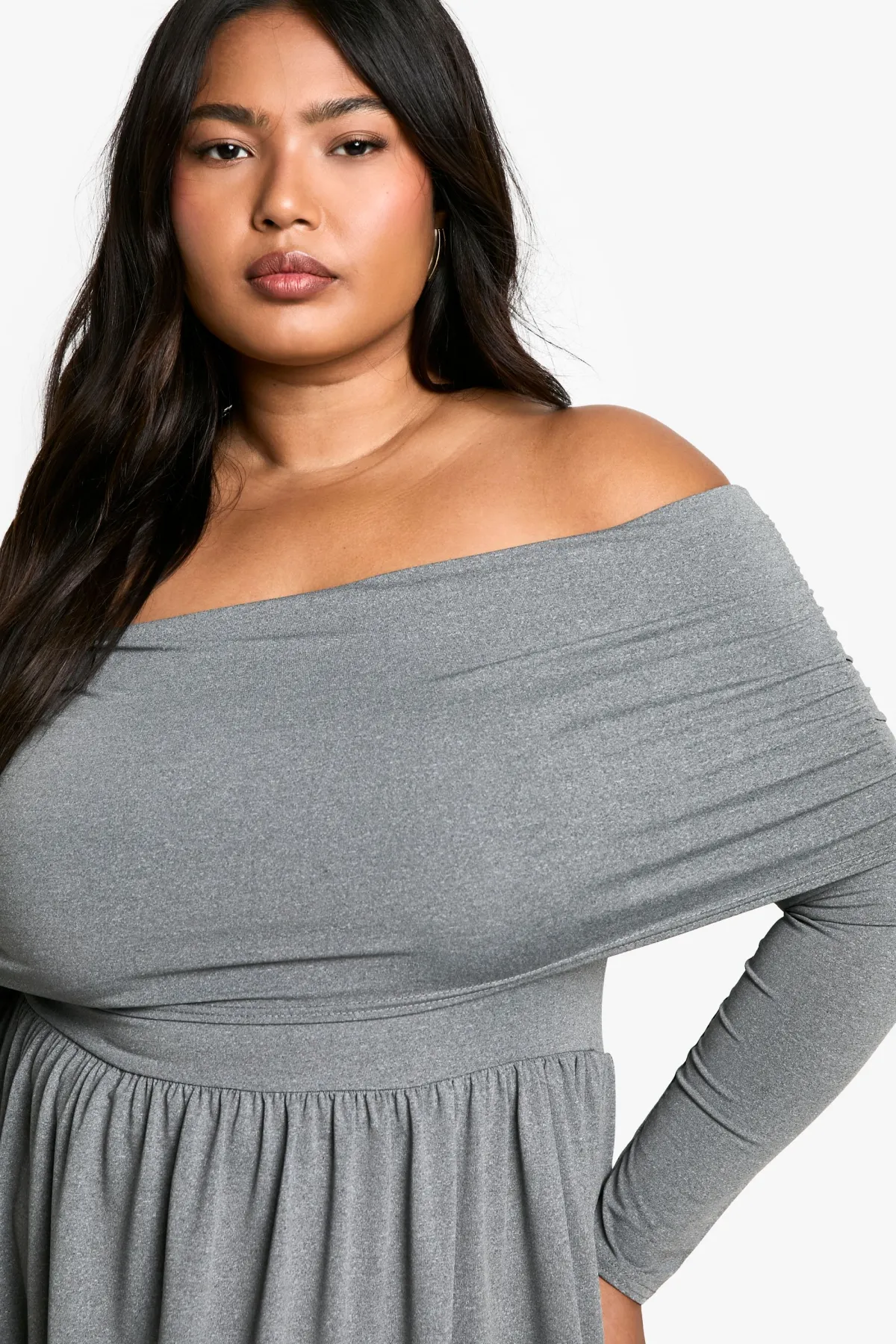boohoo Plus Jersey Robe Skater Grande Taille à Épaules Dénudées<Femme Robes Patineuses|Robes À Manches Longues