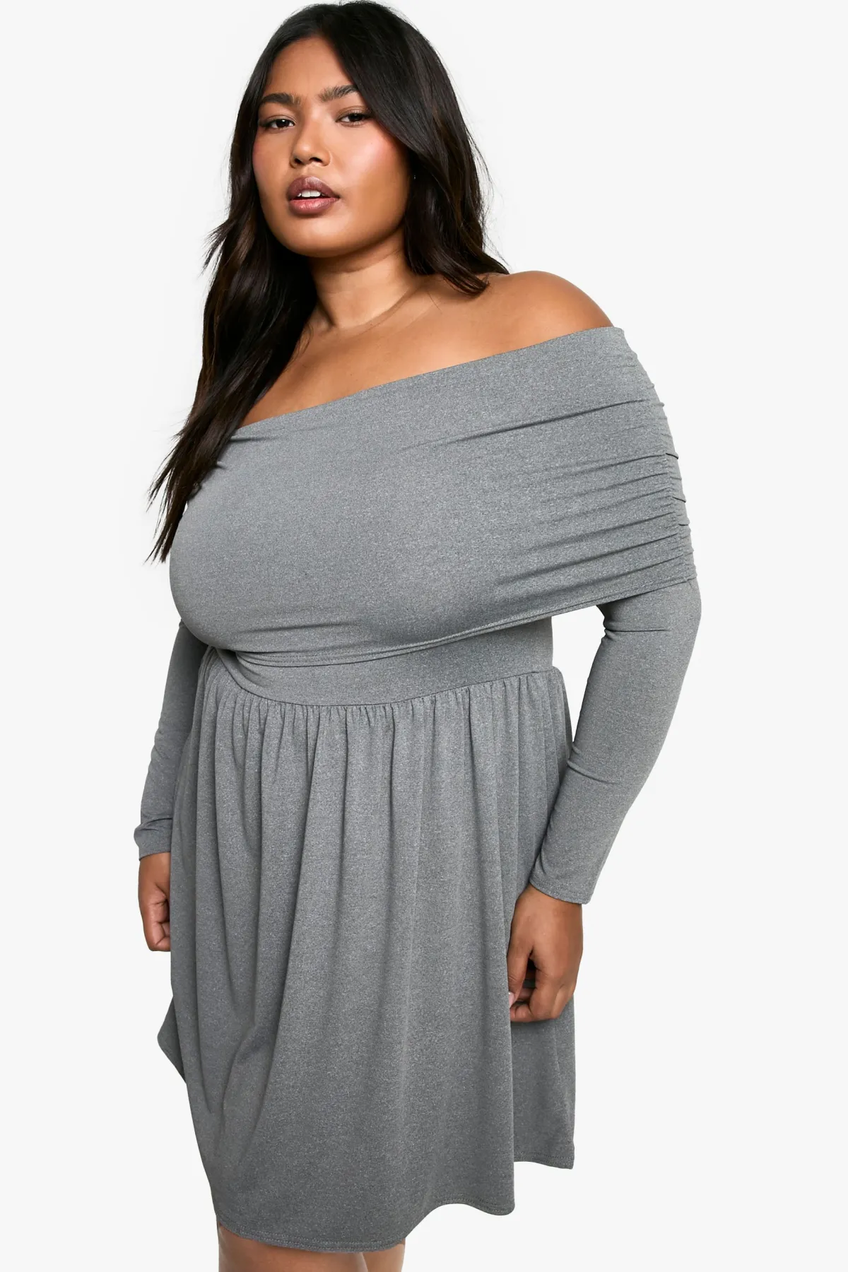boohoo Plus Jersey Robe Skater Grande Taille à Épaules Dénudées<Femme Robes Patineuses|Robes À Manches Longues