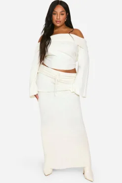 Plus Jupe Maxi Tricotée en Taille Plus à Lacets avec Bordure en Côte