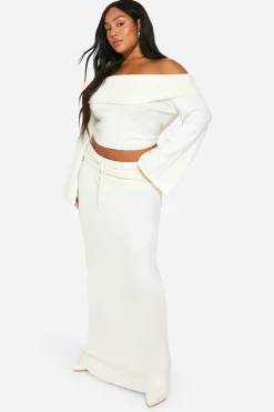 Plus Jupe Maxi Tricotée en Taille Plus à Lacets avec Bordure en Côte