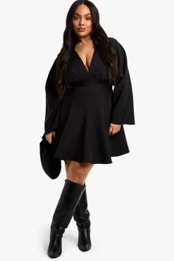 Plus Jupe Plissée Robe Patineuse à Manches Longues