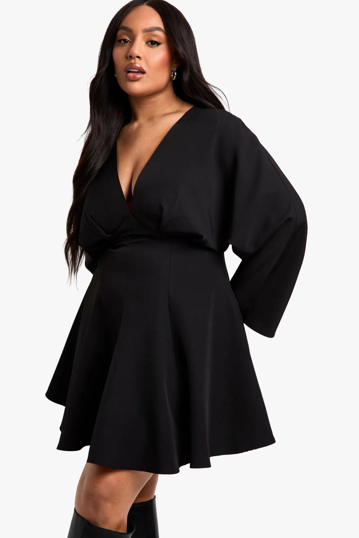 Plus Jupe Plissée Robe Patineuse à Manches Longues