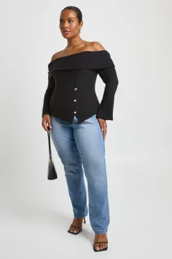 PLUS KNITTED BARDOT GOLD TRIM SPLIT HEM TOP