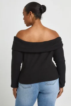 PLUS KNITTED BARDOT GOLD TRIM SPLIT HEM TOP