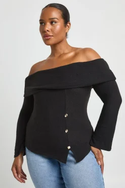 PLUS KNITTED BARDOT GOLD TRIM SPLIT HEM TOP