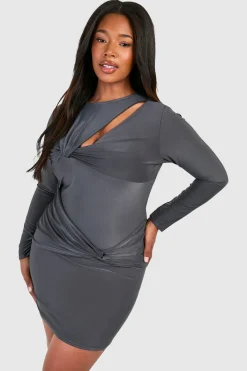 Plus Knot Detail Long Sleeve Slinky Mini Dress