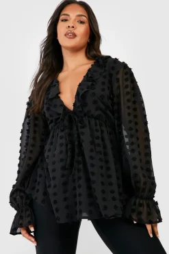 Plus Large Dobby Chiffon Ruffle Smock Top