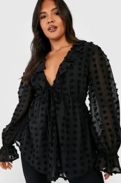 Plus Large Dobby Chiffon Ruffle Smock Top