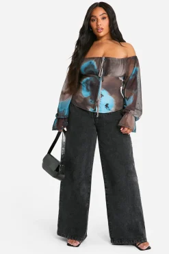 boohoo Plus Large Top Corset Bardot en Mesh Fleuri à Manches Larges<Femme Looks Chocolat|Tops