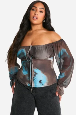 boohoo Plus Large Top Corset Bardot en Mesh Fleuri à Manches Larges<Femme Looks Chocolat|Tops