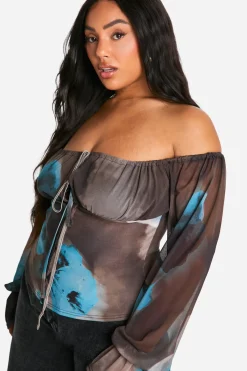 boohoo Plus Large Top Corset Bardot en Mesh Fleuri à Manches Larges<Femme Looks Chocolat|Tops