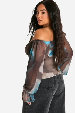 boohoo Plus Large Top Corset Bardot en Mesh Fleuri à Manches Larges<Femme Looks Chocolat|Tops