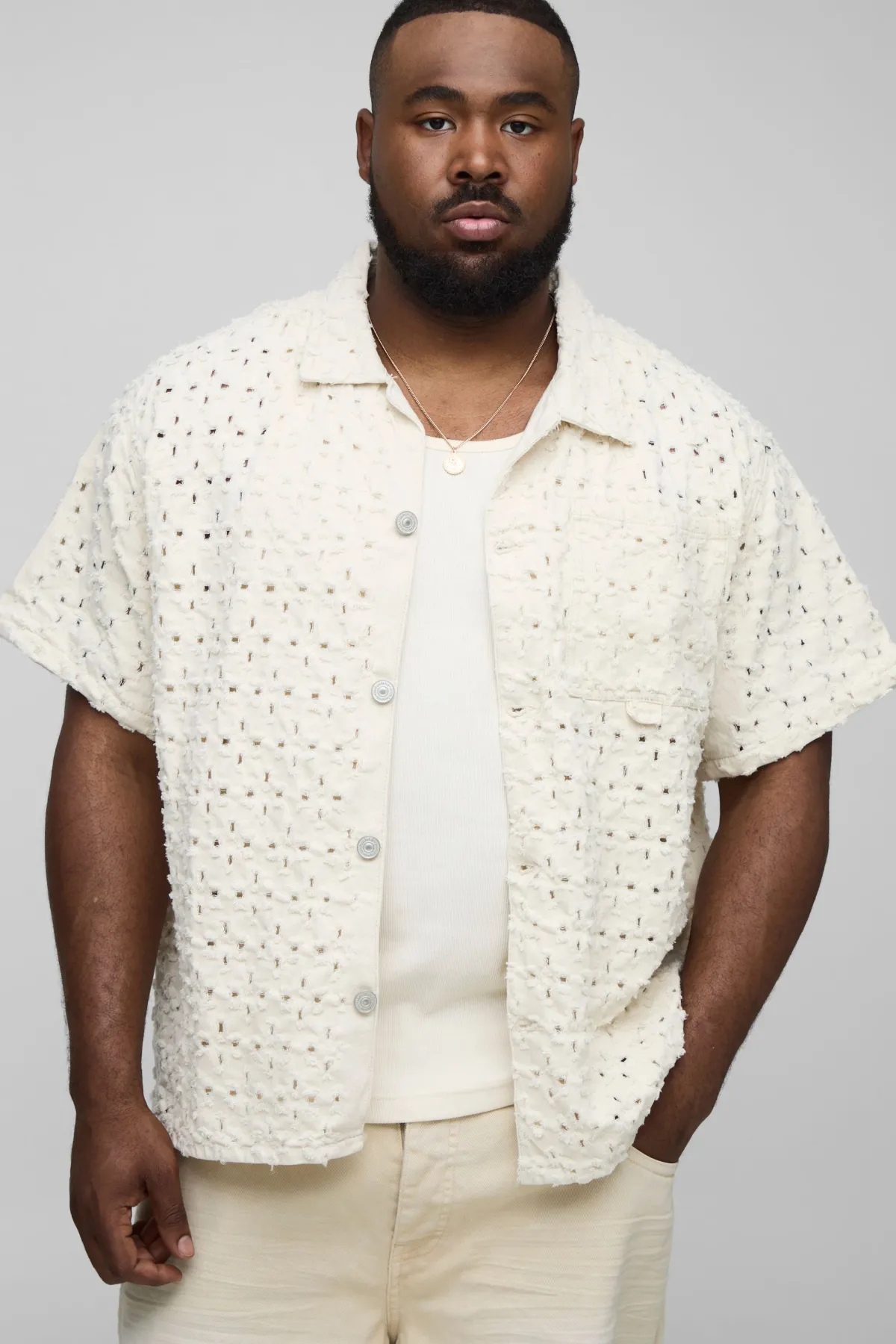 boohooMAN Plus Lasered Super Distressed Boxy Revere Shirt<Homme Chemises Grande Taille|Chemises