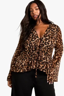plus leopard tie front ruffle blouse