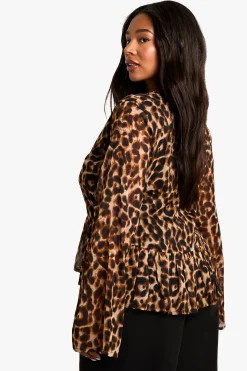 plus leopard tie front ruffle blouse