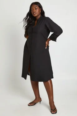 Plus Linen Look Midi Shirt Dress