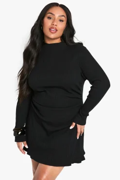 PLUS LONG SLEEVE RUCHED SIDE HIGH NECK SHIFT DRESS