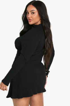 PLUS LONG SLEEVE RUCHED SIDE HIGH NECK SHIFT DRESS