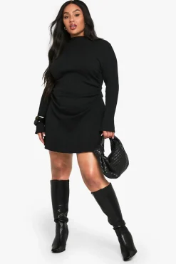 PLUS LONG SLEEVE RUCHED SIDE HIGH NECK SHIFT DRESS