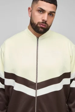 Plus Man Tricot Bloc de Couleurs Veste à Col Entonnoir & Ensemble Court Oversize