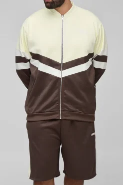Plus Man Tricot Bloc de Couleurs Veste à Col Entonnoir & Ensemble Court Oversize