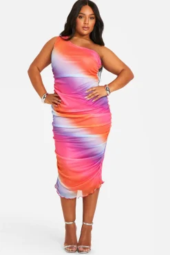 Plus Mesh Robe Midaxi Ombre à Épaule Unique